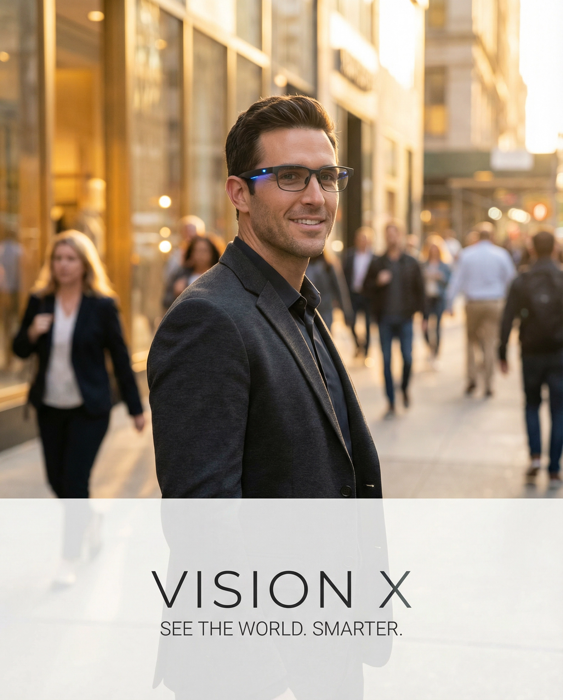 Man wearing glasses with a blurred city street background, featuring 'VISION X' branding.